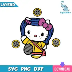 bigbundle-hello-kitty-coraline.jpg White cartoon cat with blue striped hair, pink bow and yellow raincoat holding a gray shield, surrounded by yellow buttons