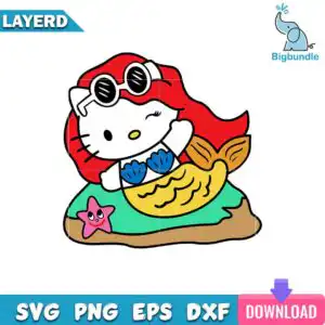 Kawaii white cartoon cat dressed as mermaid with long red hair and yellow tail on rock