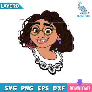 Cartoon girl bust portrait with curly dark brown hair and round green glasses