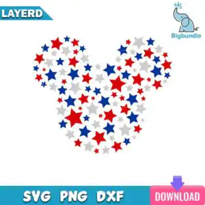 Mickey mouse head silhouette formed by scattered red, navy and gray stars for 4th of July