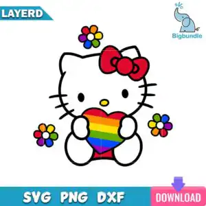 bigbundle-pride-hello-kitty.jpg cartoon white cat with red bow holding rainbow striped heart with tiny flowers