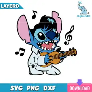 Cartoon blue creature with pompadour hair playing small brown guitar with music notes