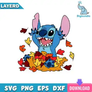 Blue cartoon alien with big ears jumping into pile of red orange yellow autumn leaves