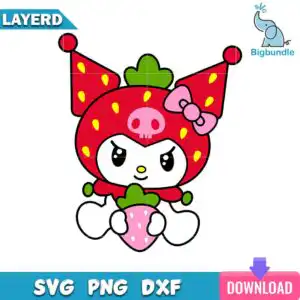bigbundle-strawberry_kuromi.jpg Kuromi character in a strawberry red hood with yellow seeds, green leaf crown and pink bow, holding a pink strawberry
