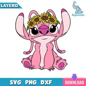 Pink cartoon alien Angel sitting wearing a sunflower flower crown with yellow flowers