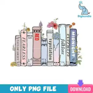 Illustrated bookshelf of ten books styled as Taylor Swift album eras with floral accents and pastel spines