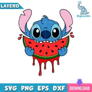 bigbundle-watermelon-alien.jpg Blue cartoon alien with pink ears biting a red watermelon slice with dripping juice