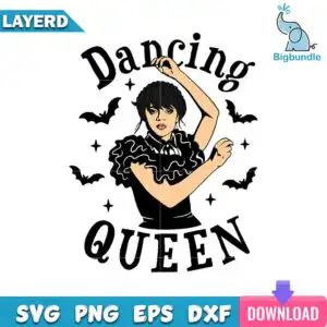 Illustrated dancing girl in black ruffled dress with Dancing QUEEN lettering, bats and sparkles