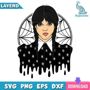 bigbundle-wednesday-addams-drip.jpg Gothic girl with long black twin braids in black patterned dress with dripping hem and spiderweb background