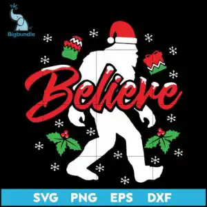 White furry humanoid in Santa hat with red Believe text with snow caps and holly on black background