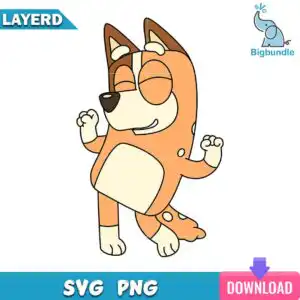 bingoblueysvg2.jpg Cartoon heeler dog dancing with eyes closed, peach orange and cream flat color clip art