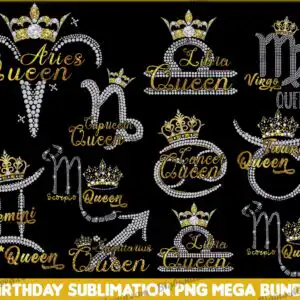 birthdaysublimation.jpg Zodiac queen bundle with rhinestone crowns and Aries Queen lettering in gold glitter on black