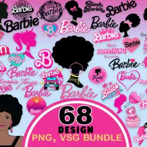 Black Barbie collage sheet with ponytail and afro silhouettes and pink retro typography