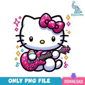 White kawaii cat with a glittery pink bow playing a pink sparkly electric guitar, surrounded by stars and music notes