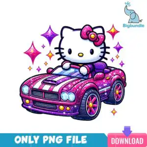 White cartoon cat with pink glitter bow driving pink glitter convertible car with sparkle stars