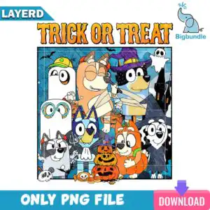 Cartoon dogs in Halloween costumes with TRICK OR TREAT text, pumpkins and witch hats