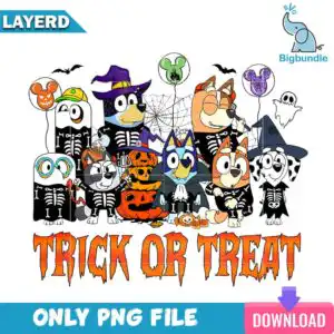 Cartoon dogs in Halloween costumes with witch hats and pumpkins and Trick or Treat banner