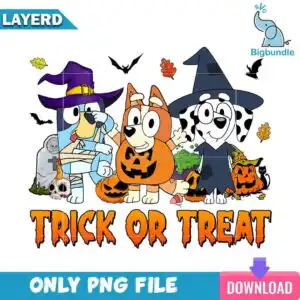 bluey-and-friends-trick-or-treat-halloween-3.jpg Three cartoon dogs in Halloween costumes with pumpkins and Trick Or Treat text in orange and purple