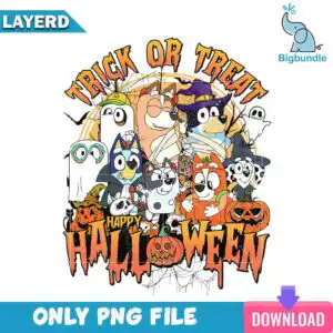 bluey-and-friends-trick-or-treat-halloween.jpg Cartoon dogs in Halloween costumes with pumpkins and Trick Or Treat text in orange and black
