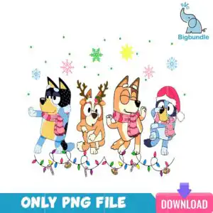 blueychristmas_17.png Four cartoon dogs dancing in winter hats and pink scarves with reindeer antlers