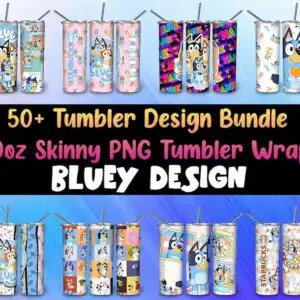 Collage of 21 colorful Bluey and Bingo 20oz skinny tumbler wraps with cartoon dogs