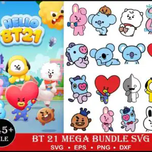 bt-21-svg-bundle-150-png-dxf-pdf-472.jpg BT21 characters collage with RJ rabbit, KOYA koala, SHOOKY and COOKY in pink, blue and yellow on white