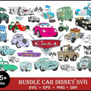 Collage of 27+ anthropomorphic Pixar Cars characters with central metallic Cars logo