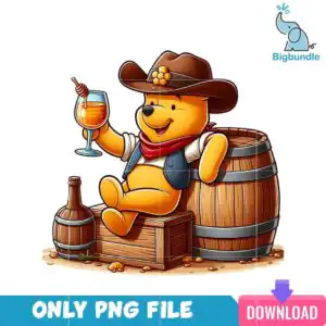 Cartoon yellow bear in cowboy hat and red bandana holding honey wine glass beside barrel