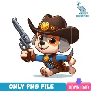 cartoon_cowboy2_14.png Cartoon cowboy puppy in blue shirt and brown vest holding revolver with gold star badge hat