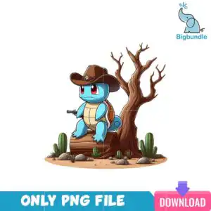 Squirtle cartoon cowboy era PNG showing blue chibi turtle in cowboy hat with revolver