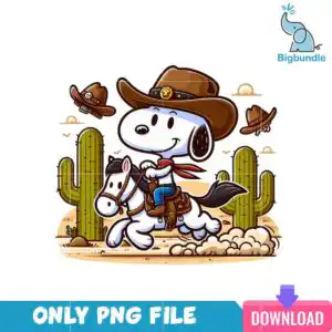 Cartoon white dog in cowboy hat riding white pony in desert with cacti