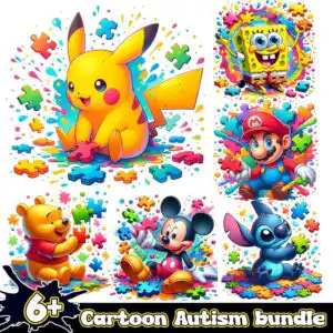 cartoonautismbundlepng6.jpg Bundle preview of six cartoon figures holding colorful puzzle pieces with paint splatter