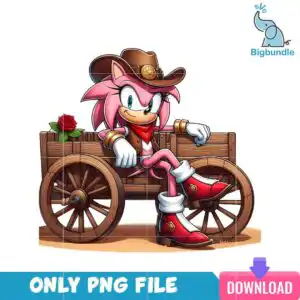 cartooncowboy_10.png Cartoon pink spiky-haired cowboy character sitting on wooden wagon with cowboy hat and red rose