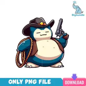 cartooncowboy_6.png Chubby teal cartoon creature with cream belly wearing cowboy hat with yellow star and holding lasso and revolver