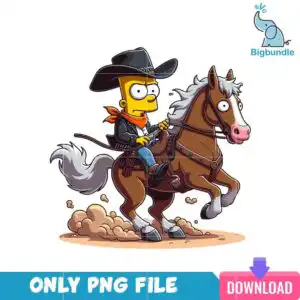 Bart Simpson cartoon cowboy boy in black hat riding rearing brown horse with white mane