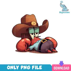Red cartoon crab character lying down wearing brown cowboy hat, light blue shirt and gold belt buckle