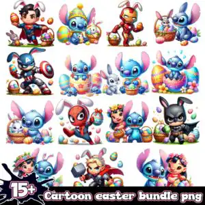 cartooneasterpngbundle.jpg Grid of 15 chibi cartoon Easter characters with bunny ears, capes, pastel eggs and wicker baskets on a white background