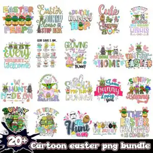 cartooneasterpngbundle2_278fd6cd-4b63-469a-ac63-082e4be85a5a.jpg Cartoon bunny-ear characters with Easter eggs and the lettering The Hunt is On in pink, yellow and light blue