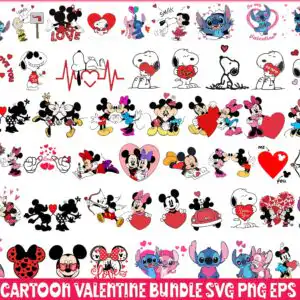 cartoonvalentinebundle5.99vlt07012305.jpg Cartoon Valentine pattern with Mickey and Minnie Mouse, Snoopy and Stitch among red and pink hearts and roses