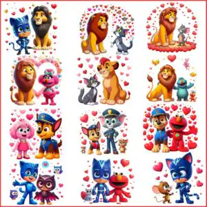 cartoonvalentinepngbundle2.jpg Twelve Valentine's Day cartoon character vignettes with red and pink hearts on a white background