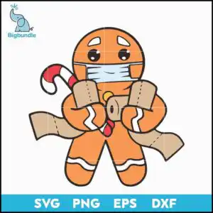 Cartoon gingerbread cookie wearing light blue mask holding toilet paper and candy cane