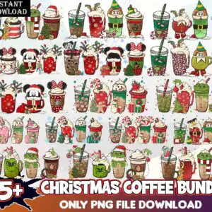 christmascoffeebundle6.99.jpg Cartoon grid of festive holiday coffee drinks with whipped cream, holly and Christmas trees