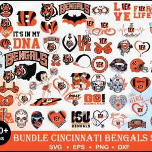 Cincinnati Bengals tiger SVG collage with tiger heads, helmets and block B logos in orange, black and white