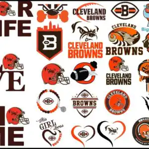 Grid preview of 24 Cleveland Browns fan graphics with orange helmet and bulldog mascot