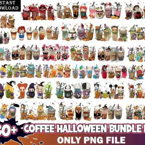 Cartoon Halloween iced coffee cups with pumpkins, ghosts, witch hats and whipped cream swirls