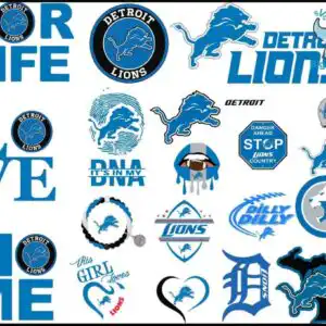 Detroit Lions fan preview sheet with leaping lion silhouettes and helmet graphics in blue