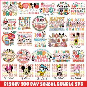 disney100dayschoolbundlesvg.jpg Retro Disney Day School SVG bundle preview showing a grid of 100 Days of School clip-art with mouse figures, apples and
