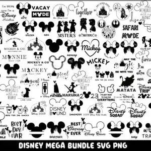 disneybundlesvg4.99.jpg Bundle preview sheet of 68 black and white Disney family vacation designs with Mickey ears and castle silhouettes