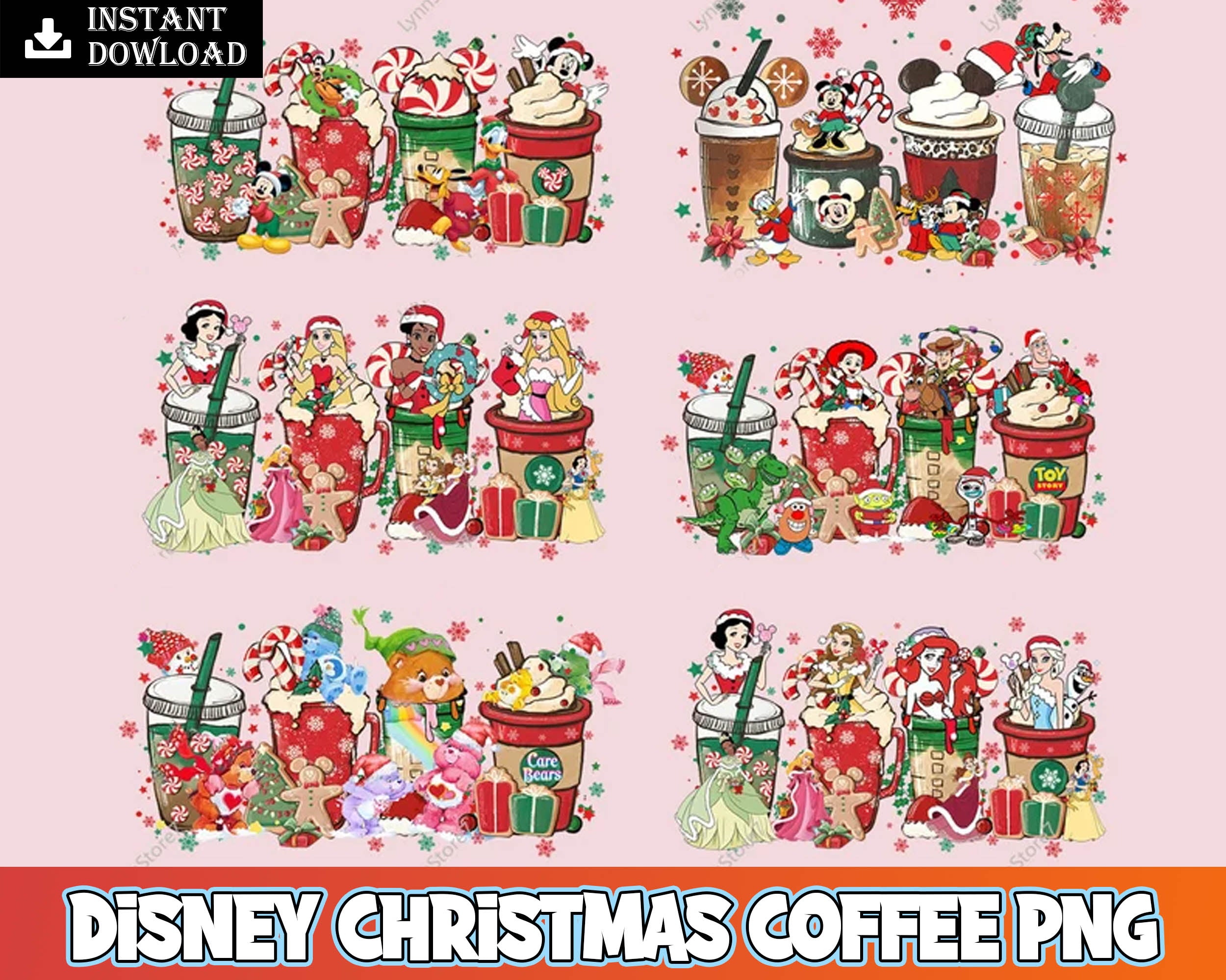 Disney Christmas coffee PNG bundle, Christmas princess coffee digital bundle, designs bundle in PNG formats, Digital files