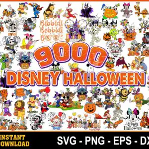 Collage of cartoon figures in Halloween costumes with pumpkins, witch hats and BOO!! text